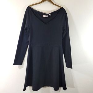 SUNDAY BEST black wide 'V' neck long sleeve fit flare Ponte knit skater dress